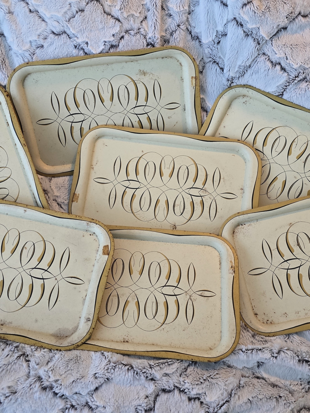 Vintage Cream and Gold Decorative Metal Trays - Set of 6